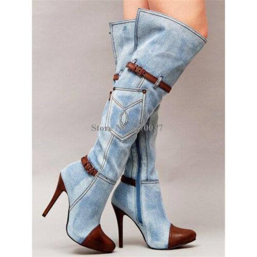 High Quality Women Fashion Pointed Toe Blue Denim Over Knee Boots Patchwork Long High Heel Jean Boots Motorcycle Boots