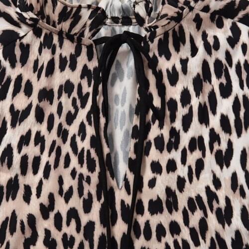 Women Leopard Print Clothes Casual Female Ruffled Collar Lace Up Lantern Sleeve Clothing Top