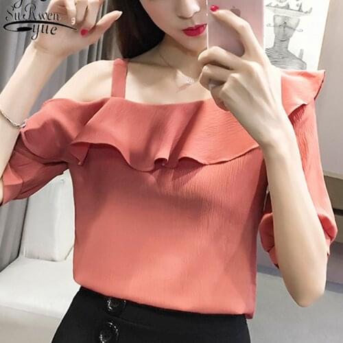 2021 Half Sleeves Slash Neck Solid Chiffon Women Blouse Fashion Lotus Leaf Strapless Casual Sweet Women Shirt Top Blusas 123J 30