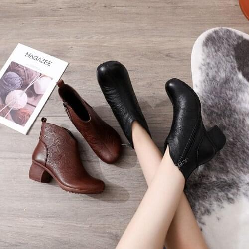 2021 New Women Boots Retro Printed Genuine Zipper Ankle Boots Platform Ladies Shoes Women