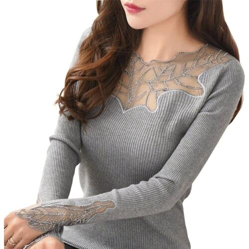 Women Pullovers 2020 Cashmere Sexy Lace Pullover Sweaters Fashion Patchwork Hollow Out Ruffled Collar Knitted Tops Pull Femme