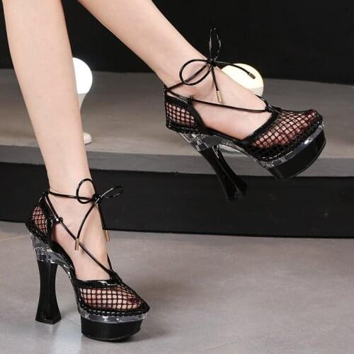 Female Baotou Mesh 14CM Sandals Sexy Party Club Striptease Model Show Platform Super High Heels Lace-Up Women Pole Dancing Shoes
