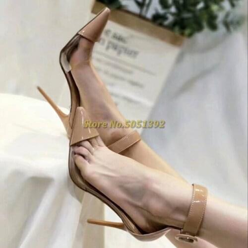 2020 Newest Clear PVC Pumps Transparent Sexy Pointed Thin High Heel Dress Shoes Runway Ankle Buckle Retro Women Shoes