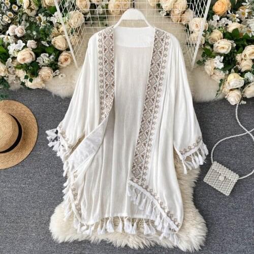DUISNENA boho blouse ethnic floral embroidery swimsuit beach bikini cover up tassel cardigan casual robe Kaftan Kimono