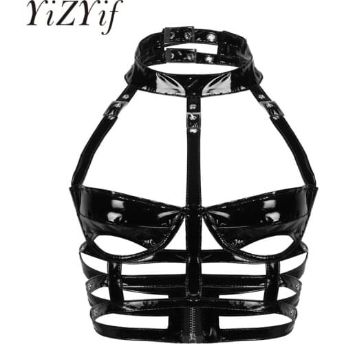 Women Sexy Leather Caged bra Harness Halter Neck Cutout Cups Caged Bra Top Punk Gothic Wet Look Patent Leather Lingerie Bra Tops