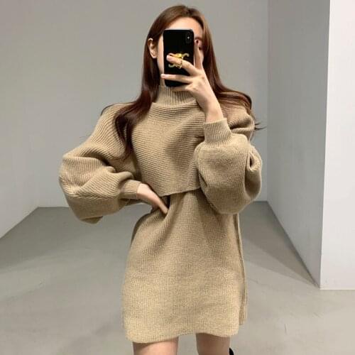 Spring Autumn Long Lantern Sleeve Pullovers Sweater Crop Top + Mini Dress For Women Casual Streetwear Two Pieces Knitting Suits