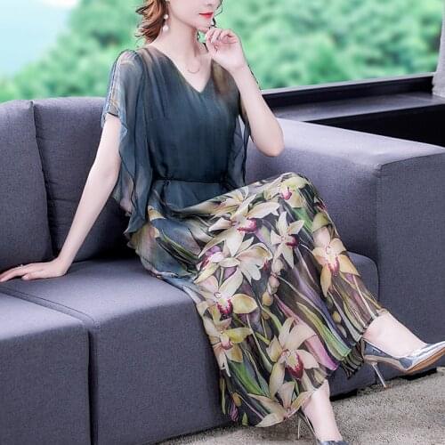 2021 Loose Print Mulberry Silk Midi Dress Summer Vintage Casual 4XL Plus Size Chiffon Dress Elegant Women Bodycon Party Vestidos