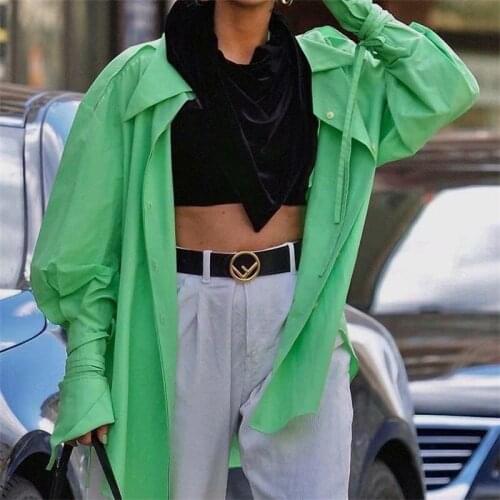 ZXQJ Women 2021 Fashion Asymmetrical Hem Oversized Blouses Vintage Cuff Band Long Sleeve Button-up Female Shirts Chic Tops