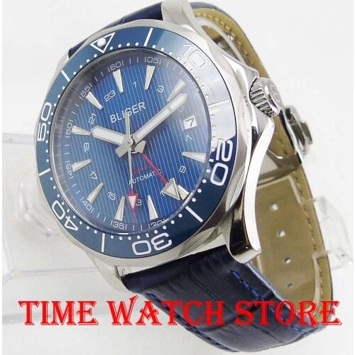 2019 New 41mm Bliger GMT Automatic watch men Luxury mechanical waterproof blue dial leather strap ceramic luminous 922
