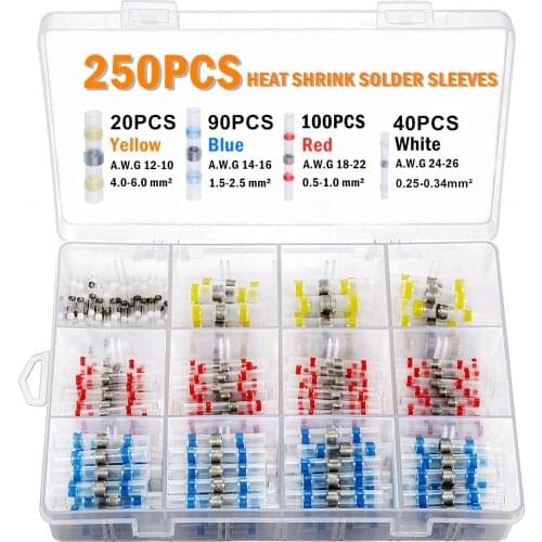 250/100Pcs Solder Seal Wire Connectors - Heat Shrink Solder Butt Connectors - Solder Connector Kit - Automotive Marine Insulated