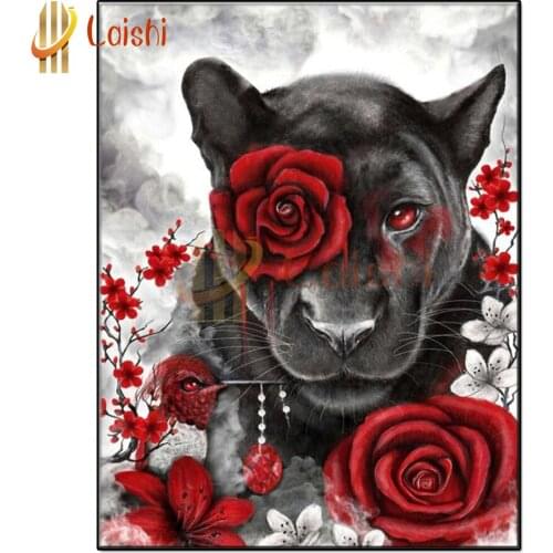 5d diamond painting Fantasy black panther, red rose flower full square drill diamond embroidery round diamond mosaic home decor