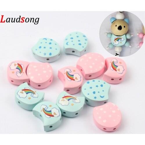 6Pcs Cartoon Pink Blue Solid wood Rainbow Wooden Beads For Jewelry Making Handmade Baby Pacifier Chain Diy Connector