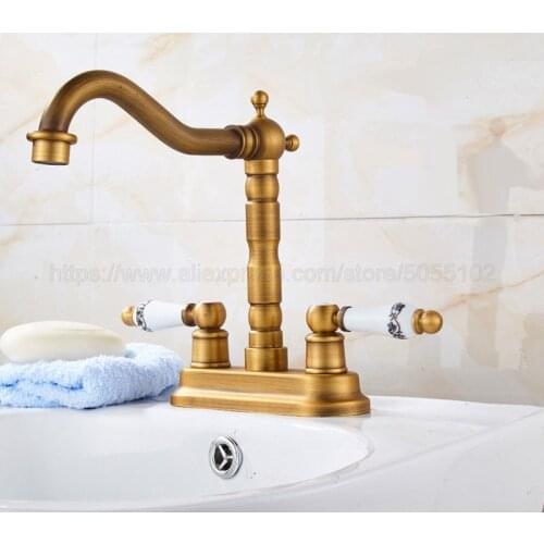 Antique Brass Double Handle Bathroom Wash Basin Mixer Taps / 2 Hole Deck Mounted Swivel Spout Vessel Sink Faucets znf425