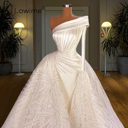 Sparkly Ivory One Shoulder Satin Wedding Dresses with Detachable Train 2021 Overskirts Bridal Gowns Robes De Mariage