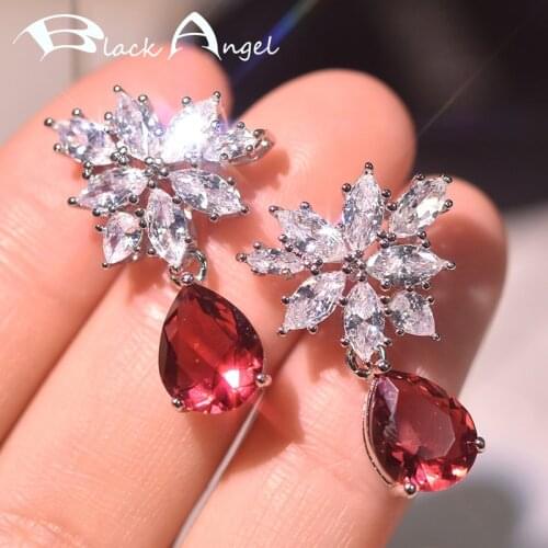 BLACK ANGEL 2020 New White Zircon Water Drop Red Tourmaline Ruby Flower 925 Silver Dangle Earring For Women Wedding Gift Jewelry