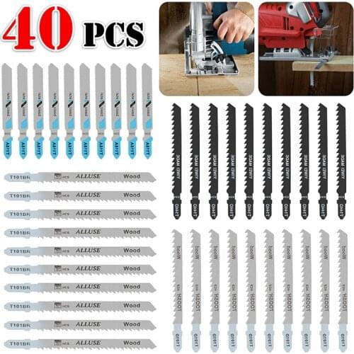 40pcs HCS T-shank Jigsaw Blade Curve Cutting Tool Kits Metal Steel Jigsaw Blade Set for Wood Plastic Woodworking Tool Cutting