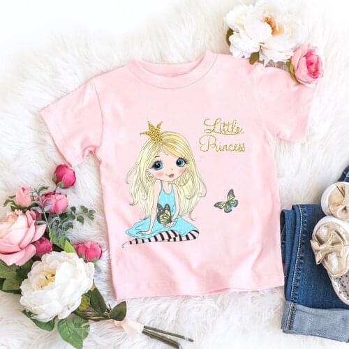 T-shirt for girls cute little girl, butterfly graphic print kawaii kids clothes summer casual tees girls shirt white pink tops