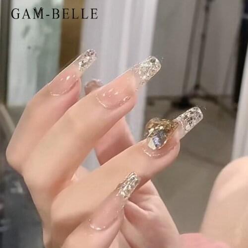 GAM-BELLE Nude Glitter Gradient Fake Nails with Rhinestones Design Long Ballerina Full Artificial False Nail Tips Decoration