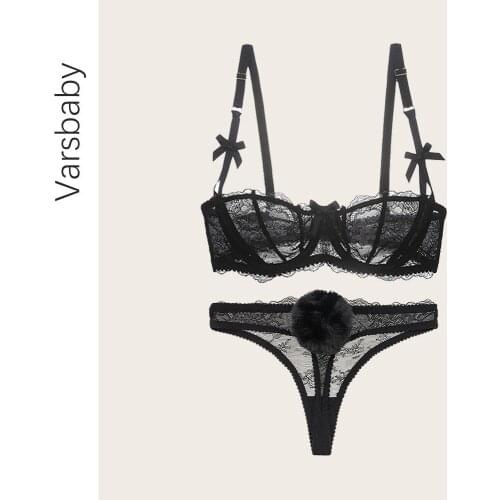 Varsbaby Womens Bra Set Half-cup Sexy Push-up Bra Lace Panties Cute Rabbit Tail Breathable Transparent Underwear Set
