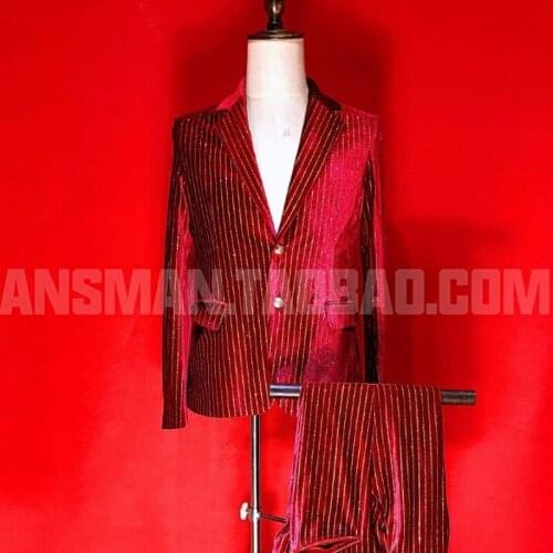 Nightclub Bar Male Singer Casual Long Sleeve Suit Dj Red Hot Velvet Slim Suits Coat 2020 New Men Fashion Blazer Jacket S-5xl