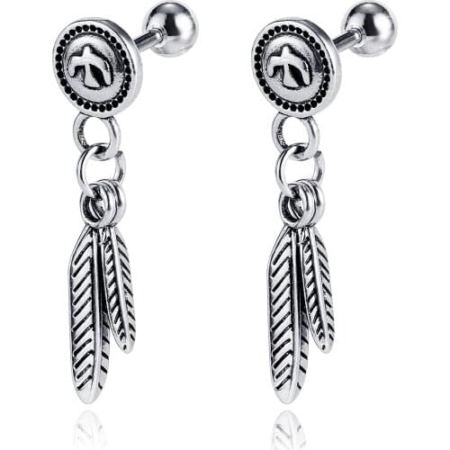 Punk Vintage Surgical Steel Peace Dove Round Stud Earrings For Men Women 2020 Gothic Feather Pendants Jewelry Earrings Wholesale