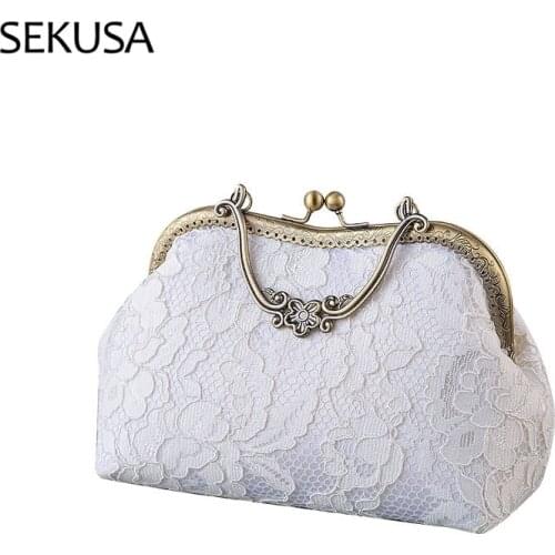 Lace Wedding Bridal Handbags With Hollo Out Style Ladies Evening Bags White Color Floral Day Clutch Purse