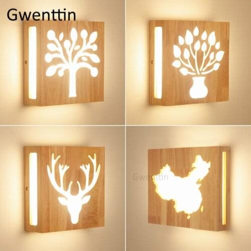 Nordic Square Wood Wall Lamp Deer Tree Wall Lights for Home Living Room Bedroom Stairs Lamps Led Sconce Luminaire Home Art Deco