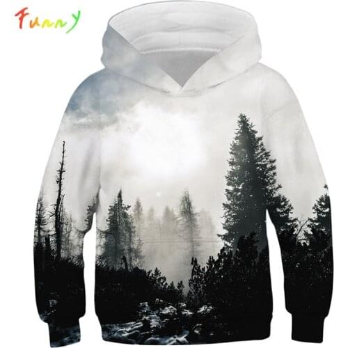 Fashion Girls Boys Sweatshirt Garcon Black White Forest Print Unisex Hoodies Kids Clothing Children Sport Tops Vetement Fille