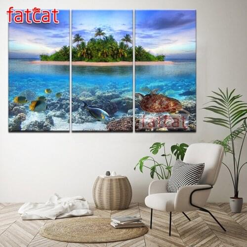 FATCAT Island ocean natural scenery Large triptych 5D Diy Diamond Painting full mosaic diamond Embroidery Sale decor AE2639