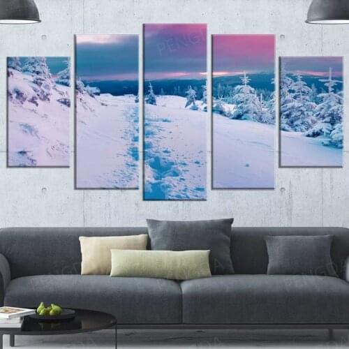 Wall Art 5 Panel Winter Canvas Painting HD Prints Cedar Poster Modular Snow Mountain Pictures Frame Home Decor For Living Room