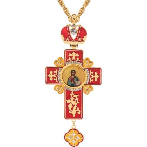 Newest Gold Color Pectoral Cross Russian Greece Religious Icon Byzantine Art and Orthodox Tradition Holy Cross Chain