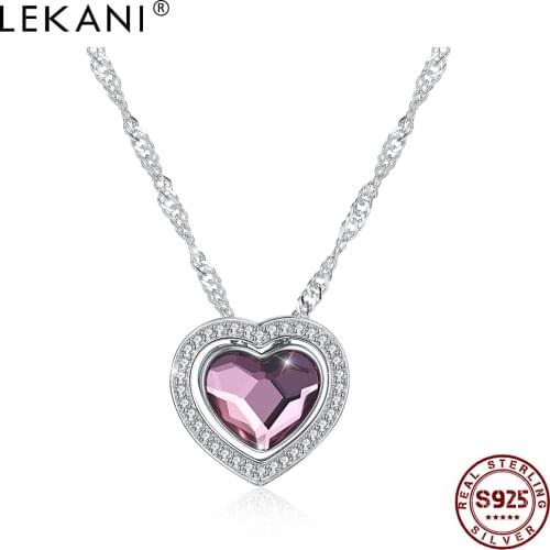 LEKANI 925 Sterling Silver Pendant Necklaces For Women Romantic Austria Crystal And 5A Cubic Zirconia Double Heart Necklace