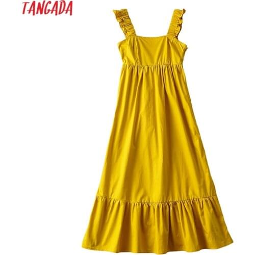 Tangada Women Solid Yellow Midi Dress Ruffles Strap Sleeveless 2021 Fashion Lady Elegant Dresses Vestido AI79