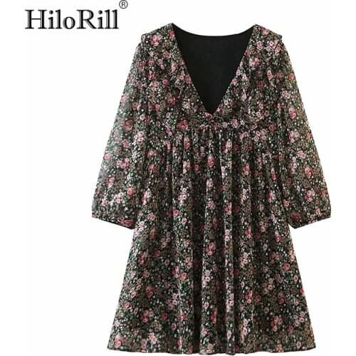 HiloRill Casual Lady Floral Dresses Long Sleeve Loose Pleated Dress Ruffles Beach Print Mini Chiffon Dress 2021 Vestidos