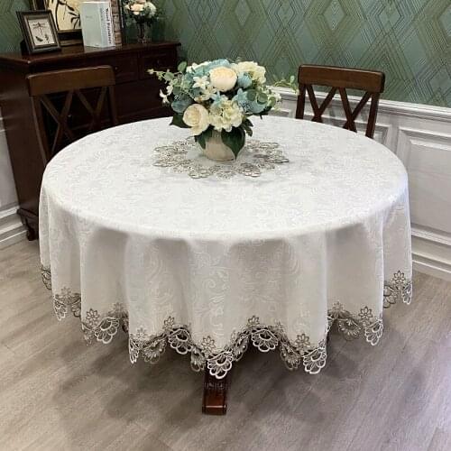 European Embossed Round Tablecloth Golden Soluble Embroidery Hollow Hem Dining Table Cloth Washable Satin Tea Table Cover