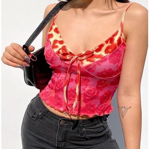 Summer Women Camisole Frill Tanks Top Tie Dye Printed Sleeveless V Neck Rose Bow Red Female Spaghetti Strap Crop Top 2021