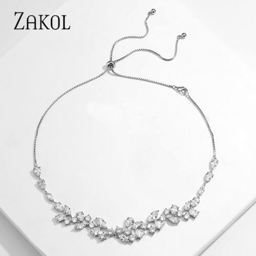 ZAKOL Luxury Exquisite Marquise Cut Cubic Zircon Leaf Adjustable Chain Choker Necklaces For Women Fashion Bridal Wedding Jewelry