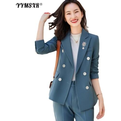 High Quality Womens Pants Suit Two-piece Set 2021 New Autumn and Winter Slim Double-breasted Ladies Jacket Fashion Trousers