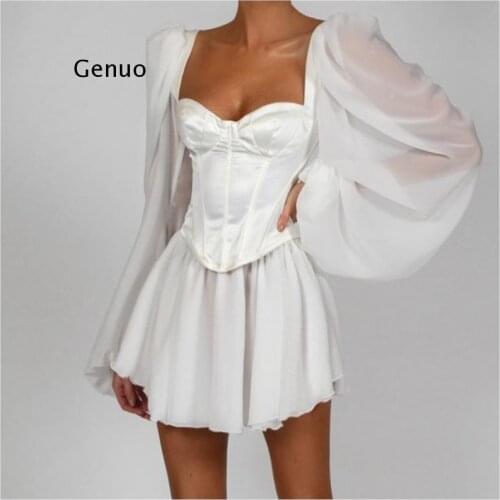 Women Bodycon Dress Female Lantern Sleeve Y2K Corset Chiffon Dresses Beach Vacation Outfit Sexy Party Mini White Dress Summer