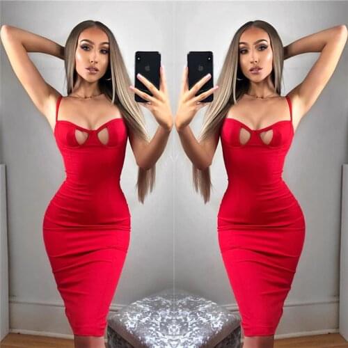 Women Sexy Hollow Out Red Bodycon Dress Summer Sleeveless Bodycon Midi Dress Vintage Spaghetti Strap Elegant Lady Party Dresses