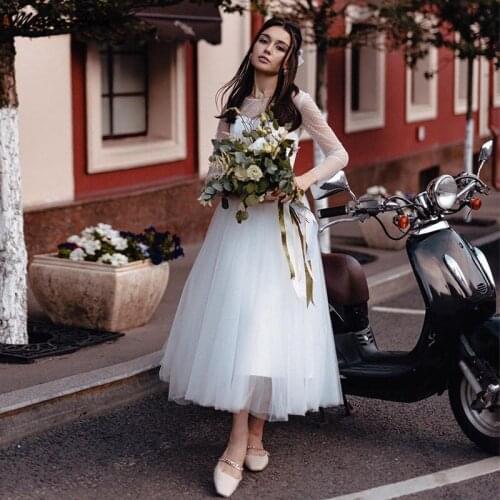 Magic Awn Bohemian Wedding Dresses 2021 Tea-Length Long Sleeves Illusion Polka Dots Tulle Beach Bridal Gowns Short Robe Mariee