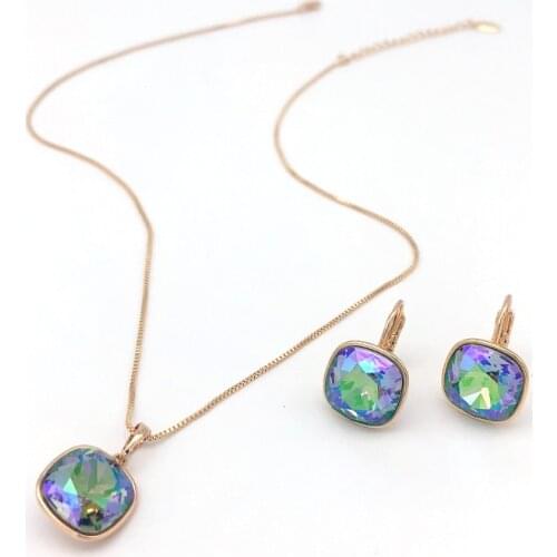 11.11 Womens Costume Jewelry made with Austrian Crystal for Bridal Wedding Party New Square Studs and Pendant Set Girls Gift