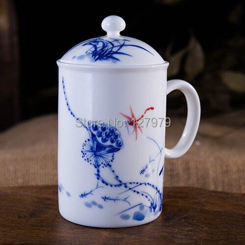 Jingdezhen pure hand-painted eggshell cup blue and white porcelain teacup ceramic cups The dragonfly and lotus On sale