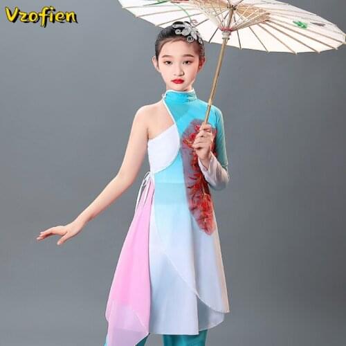 Childrens Classical Yangko Dance Costumes Fairy Elegant Embroidery Fan Umbrella Dance Girls Ancient Chinese Hanfu Dancewear
