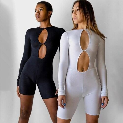 Women Bodysuit Bodycon Buttons Sexy Hollow Out Elastic Jumpsuit Sportwear Long Sleeve Jumpsuit Shorts Streetwear Overall Romper