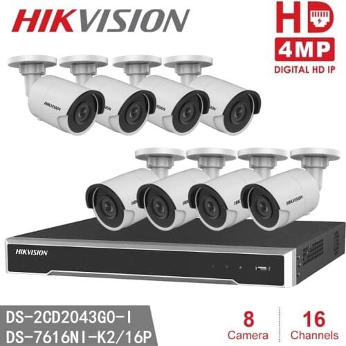 Hikvision DS-2CD2043G0-I 4MP IR Bullet Network IP Camera P2P POE + Hikvision NVR DS-7616NI-K2/16P 16CH 16 ports POE H.265 NVR