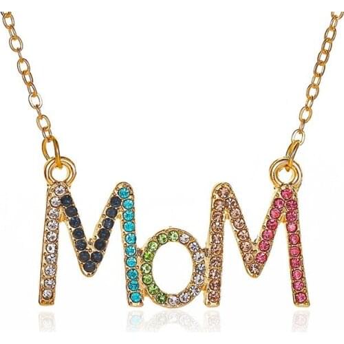 Creative Colorful Crystal “MOM” Letter Necklace Simple Clavicle Chain Charm Pendant Necklace Mothers Day Birthday Gift