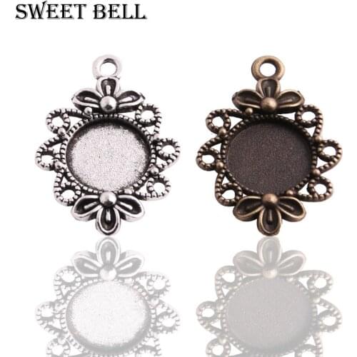 30pcs 21*30mm(Fit 12mm dia) Cameo Flowers Filigree Round Cabochon Pendant Setting two color Metal Jewelry Blank Findings 7B1142
