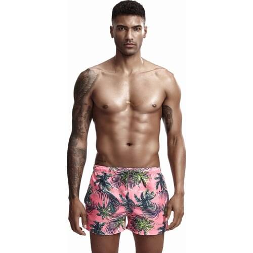 Mens Beach Trunks Swimming Pink Coconut Tree Printing Quick-Drying Pants Mens Loose Surfing Board Shorts Boxer