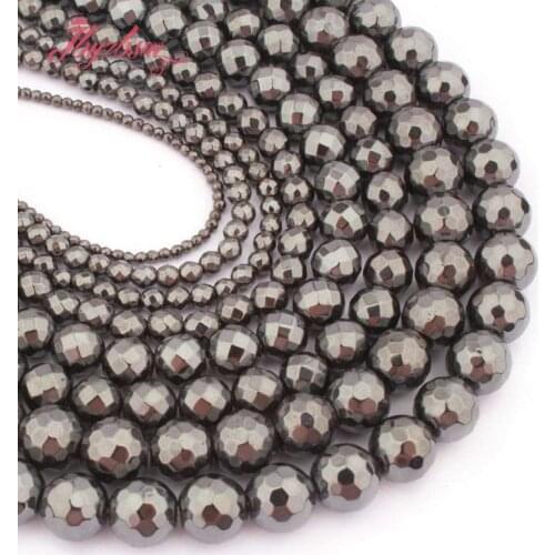 Faceted Hematite Beads Round Black Hematite Natural Stone For Men Women DIY Accessories Necklace Bracelets Jewelry Making 15"